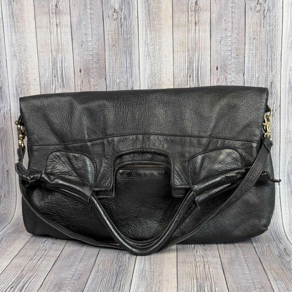 VTG Anna Corinna Black Leather Mid City Large Fold Over Tote Satchel